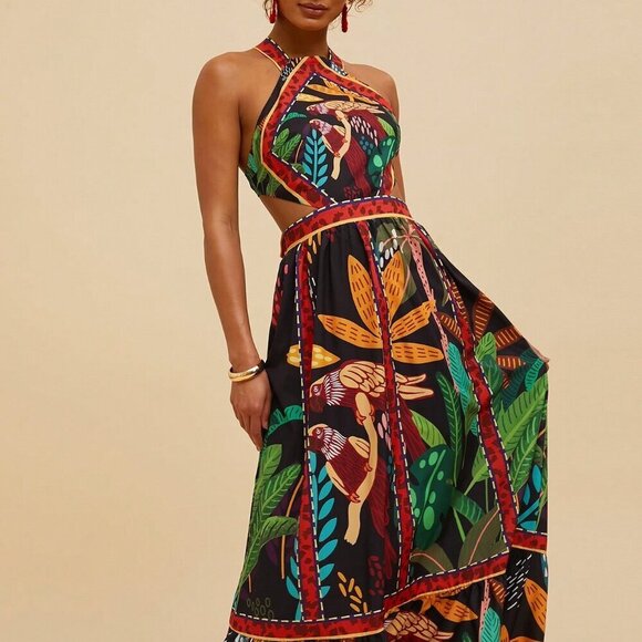 Black Boho Women's Palm Tree Print Strapless Hollow Out Dress - Picture 3 of 6